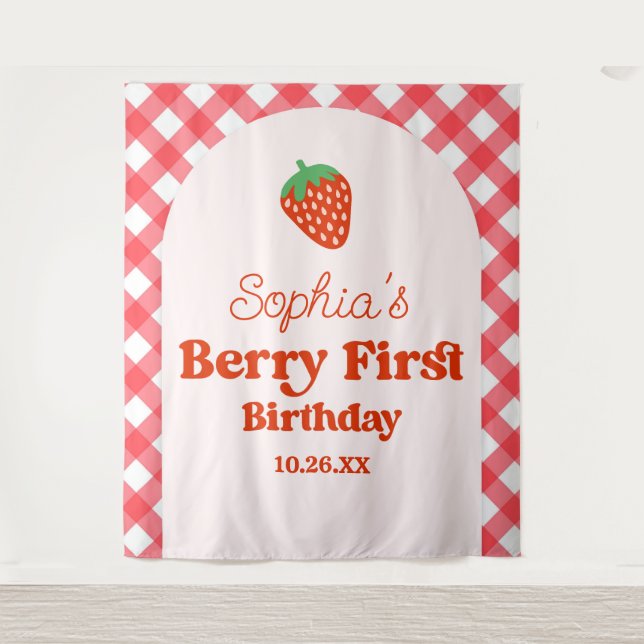 Strawberry Red Pink Berry First 1st Birthday Party Tapestry (Front)