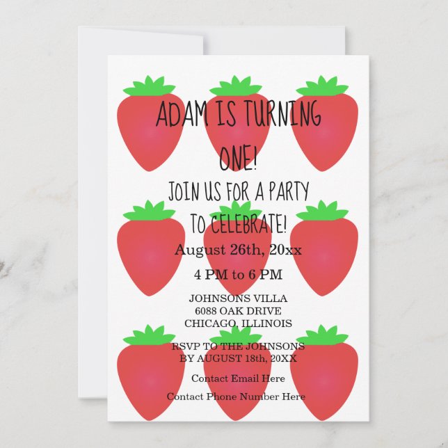 Strawberry Red White Custom 1st Birthday Party  Invitation (Front)