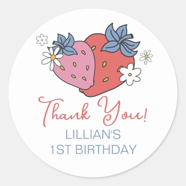 Strawberry Retro Birthday Party Classic Round Sticker (Front)