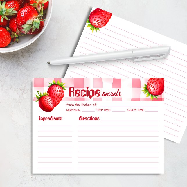 Strawberry Retro Recipe Card Baby Shower Gingham  (Strawberry Retro Recipe Card menu Baby Shower New Mom mother-to-be advice vintage gingham keepsake)