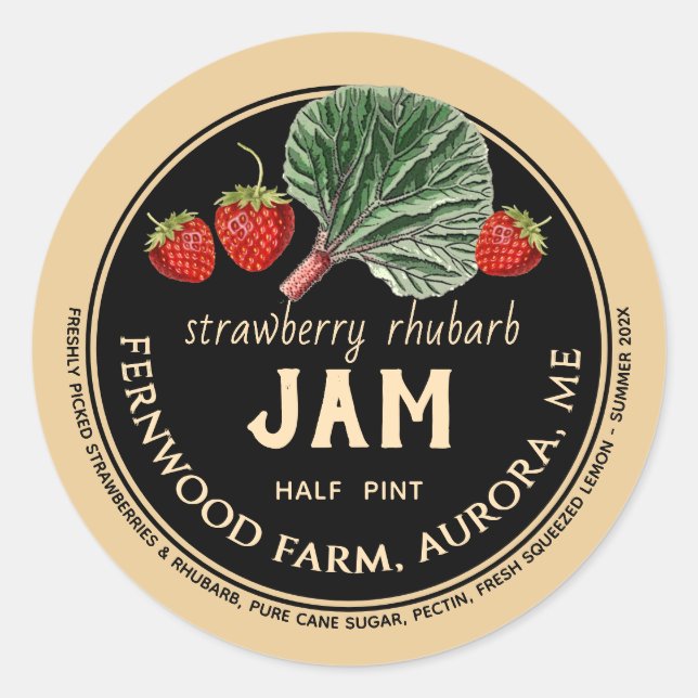 Strawberry Rhubarb Jam Jar Label Homemade Jelly (Front)