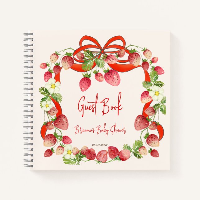 Strawberry ribbon bow baby shower guest book (Front)