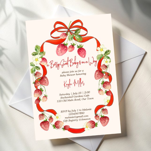 Strawberry ribbon bow coquette baby shower invitation (Strawberry ribbon bow coquette berry sweet baby shower invitation template summer berries red bow)