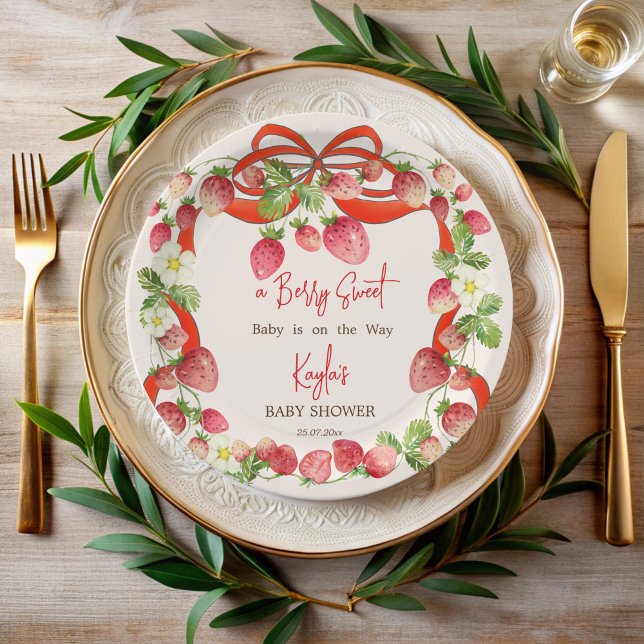 Strawberry ribbon bow coquette baby shower paper plate (Strawberry ribbon bow coquette baby shower monogrammed paper plates personalized table decor)