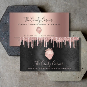 Strawberry Rose Gold Drips Confection Sweets Black Business Card