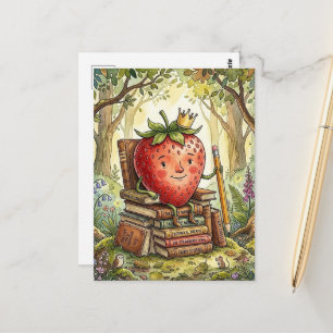 Strawberry Royalty on a Book Throne Postcard