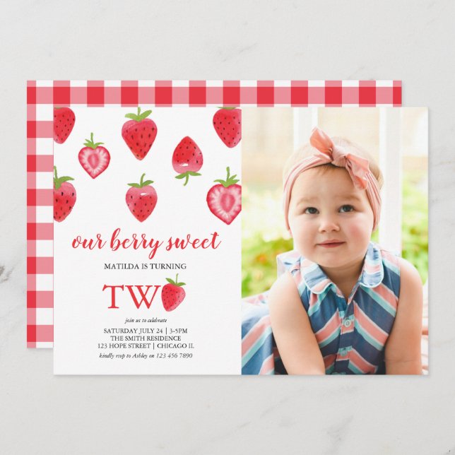 Strawberry Second Birthday Party Photo Invitation (Front/Back)