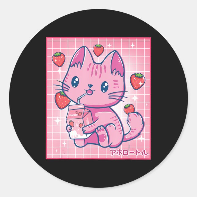 Strawberry Shake Strawberry Milk Cat Kawaii Neko G Classic Round Sticker (Front)
