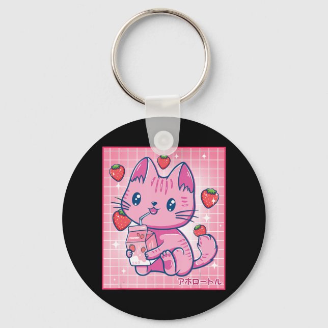 Strawberry Shake Strawberry Milk Cat Kawaii Neko G Key Ring (Front)