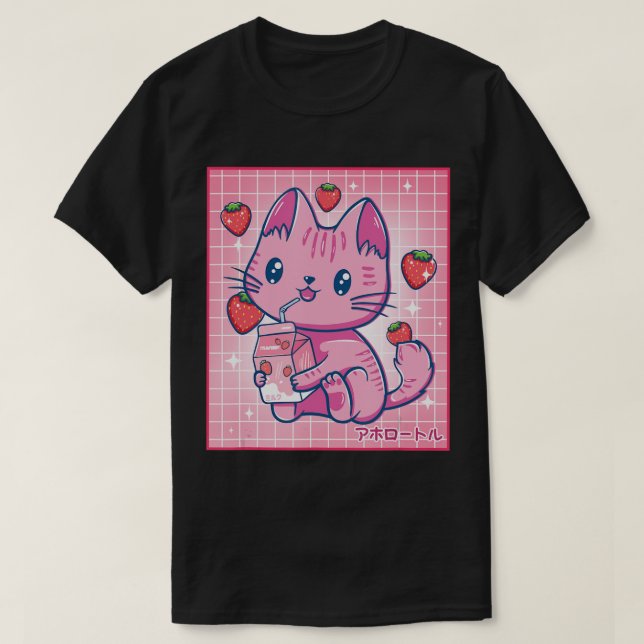 Strawberry Shake Strawberry Milk Cat Kawaii Neko G T-Shirt (Design Front)