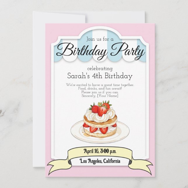 strawberry short cake, Birthday party invitation (Front)