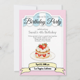 strawberry short cake, Birthday party invitation