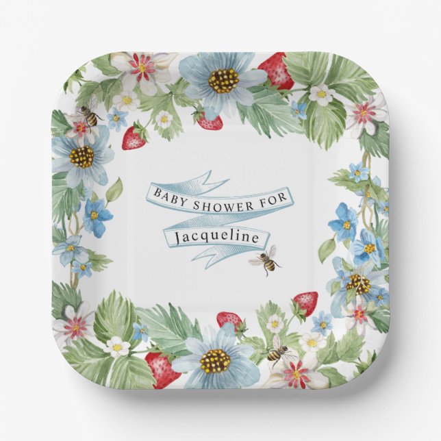 Strawberry So Berry Sweet Baby Boy to Bee Shower Paper Plate (Front)