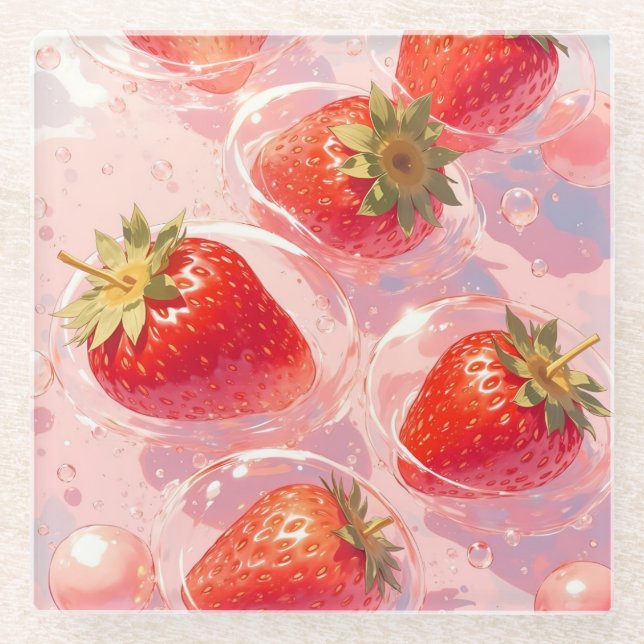 Strawberry Splash Glass Coaster (Front)