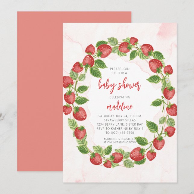 Strawberry Strawberries Wreath Baby Shower  Invitation (Front/Back)