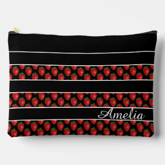 Strawberry Stripes Black Personalised Accessory Pouch
