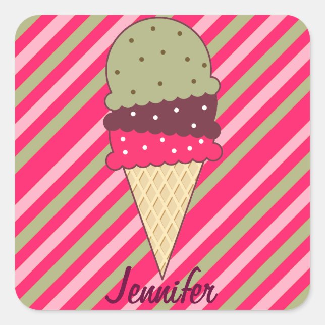 Strawberry Stripes Ice Cream Square Sticker (Front)