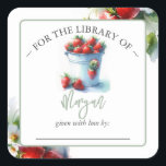 Strawberry Summer Baby Shower Bookplate Square Sticker<br><div class="desc">Baby shower bookplate sticker featuring watercolor strawberries with a boarder of botanicals. Use the template fields to add your personalisation in charcoal grey and green over a white background. A great addition for baby's first library or use as a custom "This Book Belongs To" sticker. Pair's beautifully with my matching...</div>