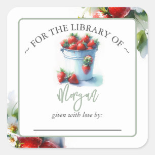 Strawberry Summer Baby Shower Bookplate Square Sticker