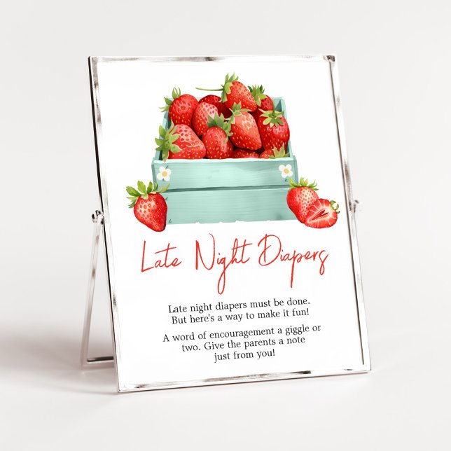 Strawberry Summer Baby Shower Late Night Diapers Poster (Berry Sweet Baby Shower Late Night Diapers Sign)