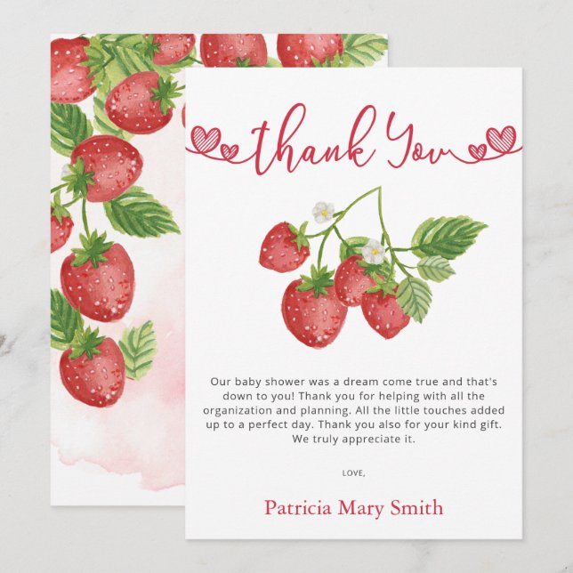 Strawberry Summer Berry Sweet Baby Shower  Thank You Card (Front/Back)