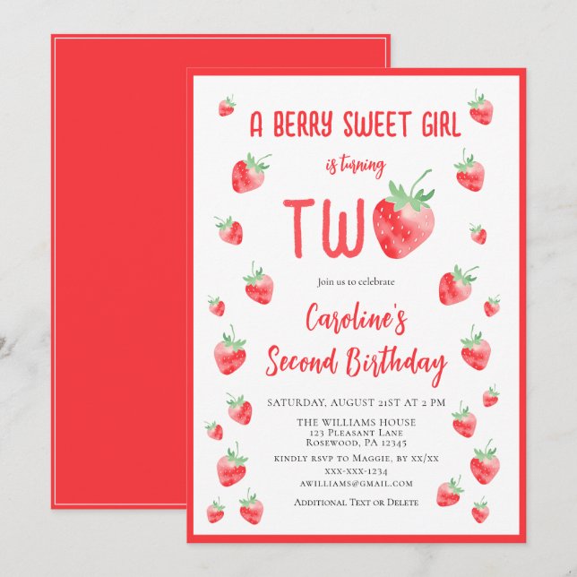 Strawberry Summer Berry Sweet Second Girl Birthday Invitation (Front/Back)