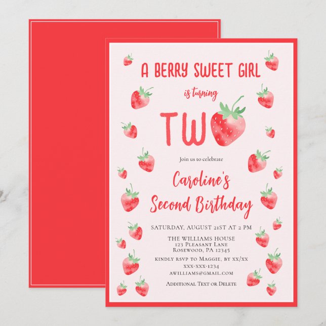 Strawberry Summer Berry Sweet Second Girl Birthday Invitation (Front/Back)