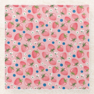 Strawberry summer, cartoon girly background. glass coaster