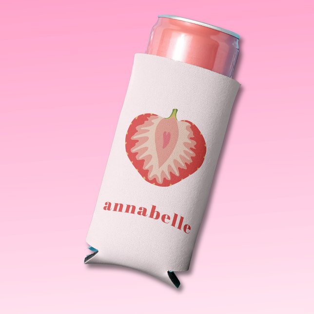 Strawberry summer first name seltzer can cooler (Fun Summer Strawberry Can Cooler.  Customize with your own name or choice of text.)