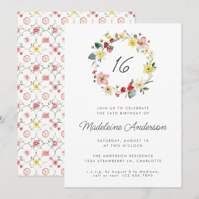 Strawberry Summer Flower Wreath 16th Birthday Invitation (Front/Back)