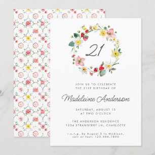 Strawberry Summer Flower Wreath 21st Birthday Invitation