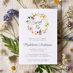 Strawberry Summer Flower Wreath Sweet 16 Invitation
