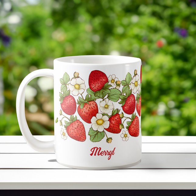 Strawberry summer fruit customised name coffee mug (Strawberry summer fruit collage customized personalized name coffee mug bridesmaids gifts for her)