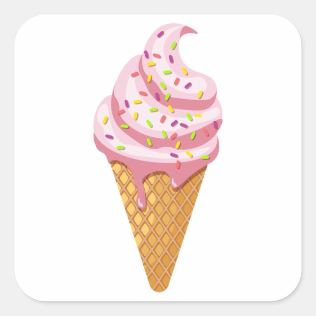 Strawberry sundae in waffle cone with topping square sticker (Front)