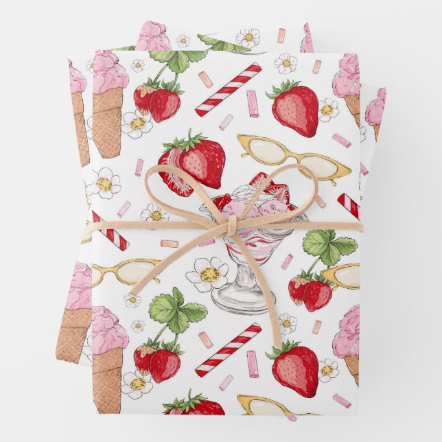 Strawberry Sundae Pattern Wrapping Paper Sheet (In situ)