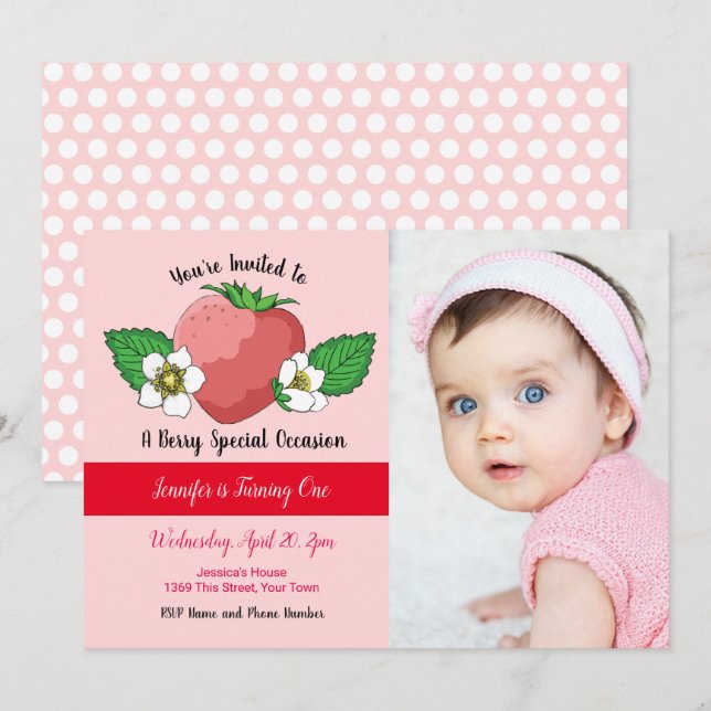 Strawberry Sweet 1st Birthday Invitation (Front/Back)