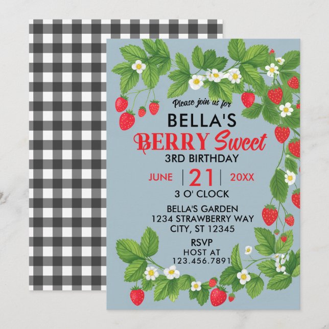 Strawberry Sweet Birthday (Red & Blue) Invitation (Front/Back)