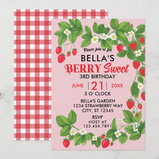 Strawberry Sweet Birthday (Red & Pink) Invitation (Front/Back)