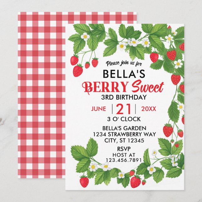 Strawberry Sweet Birthday (Red & White) Invitation (Front/Back)