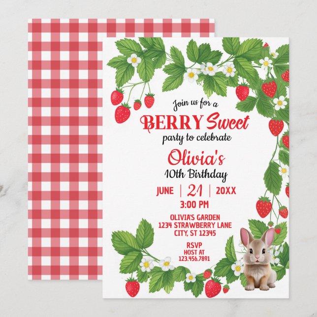 Strawberry Sweet Bunny Birthday (Red & White) Invitation (Front/Back)