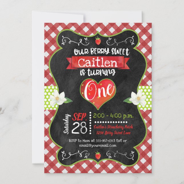 Strawberry Sweet Chalkboard Girl First Birthday Invitation (Front)