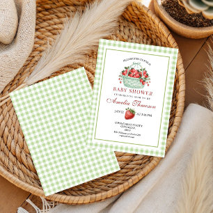 Strawberry Sweet Green Gingham Baby Shower Invitation