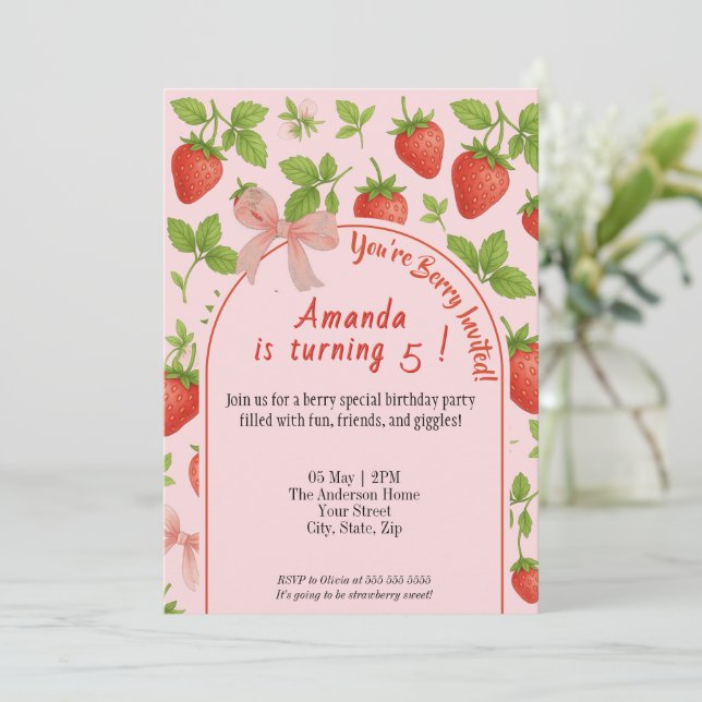 Strawberry Sweet Kids Birthday Invitation | Pink (Standing Front)