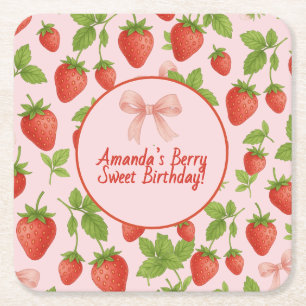Strawberry Sweet Kids Birthday Party - Square Paper Coaster