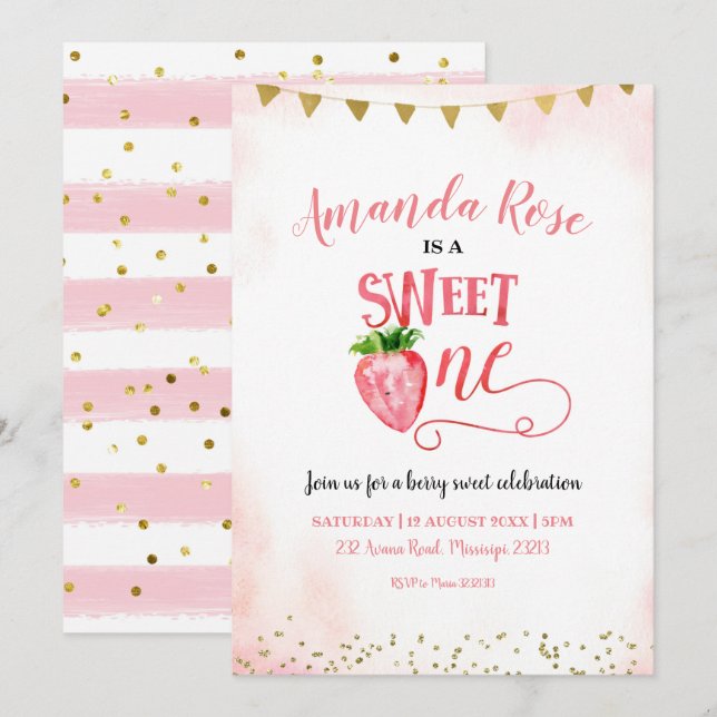 Strawberry Sweet One First Birthday Invitation (Front/Back)