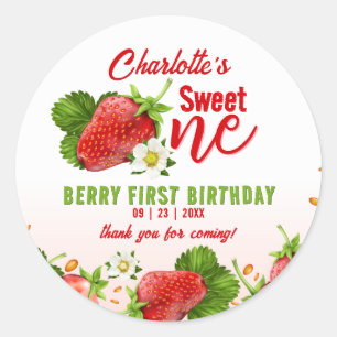 Strawberry Sweet ONE First Birthday Party Classic Round Sticker