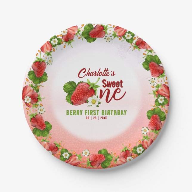 Strawberry Sweet ONE First Birthday Party Paper Plate (Front)