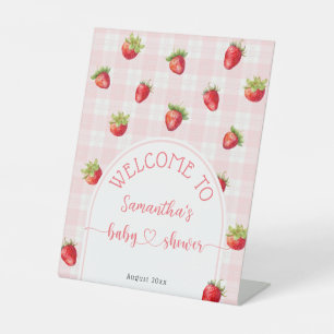 Strawberry Sweet Rustic Welcome Baby Girl Shower Pedestal Sign
