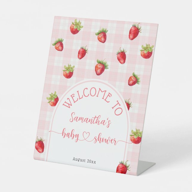 Strawberry Sweet Rustic Welcome Baby Girl Shower  Pedestal Sign (Front)