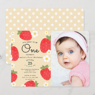 Strawberry Sweet to Be One 1st Birthday Photo Invitation